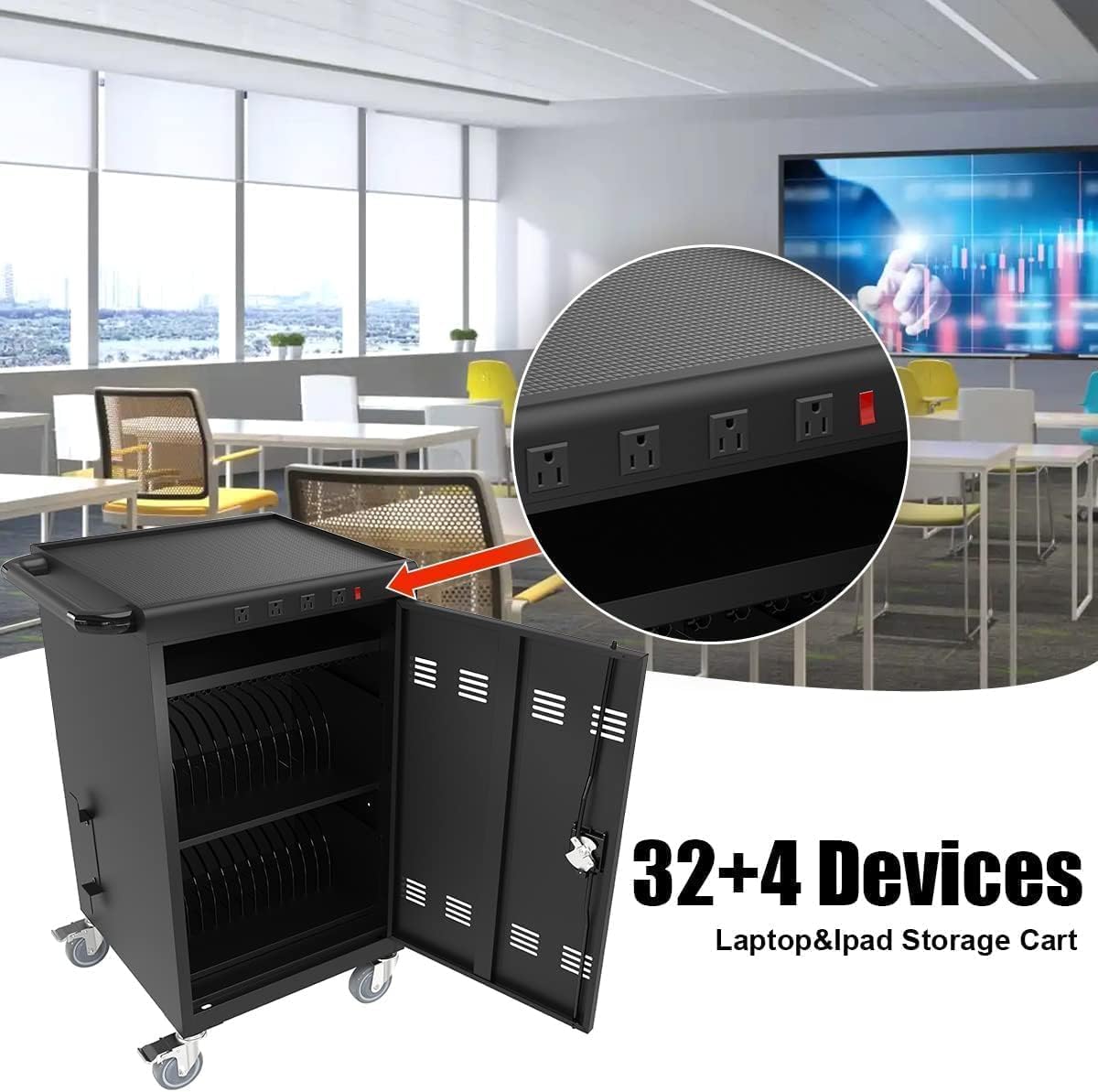 36 Device Charging Cart for Laptop Up to 16.3-inch Screen, Mobile Charging Station and Tablet Storage Cart for iPad, Chromebooks with Cord Organizer, Black.