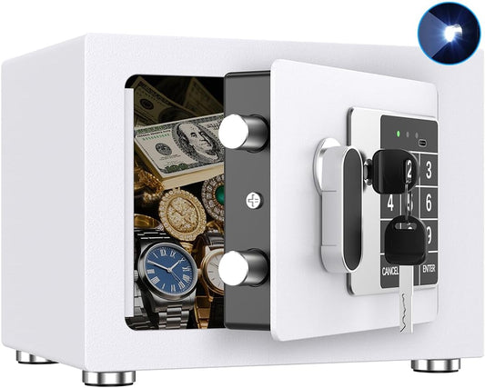 Small Home Safe, 6.7”D x 9”W x 6.7”H, Electronic Keypad Lock Security Box for Cash, Jewelry, Passport, Hidden Safe for Closet, College Dorm Room, White