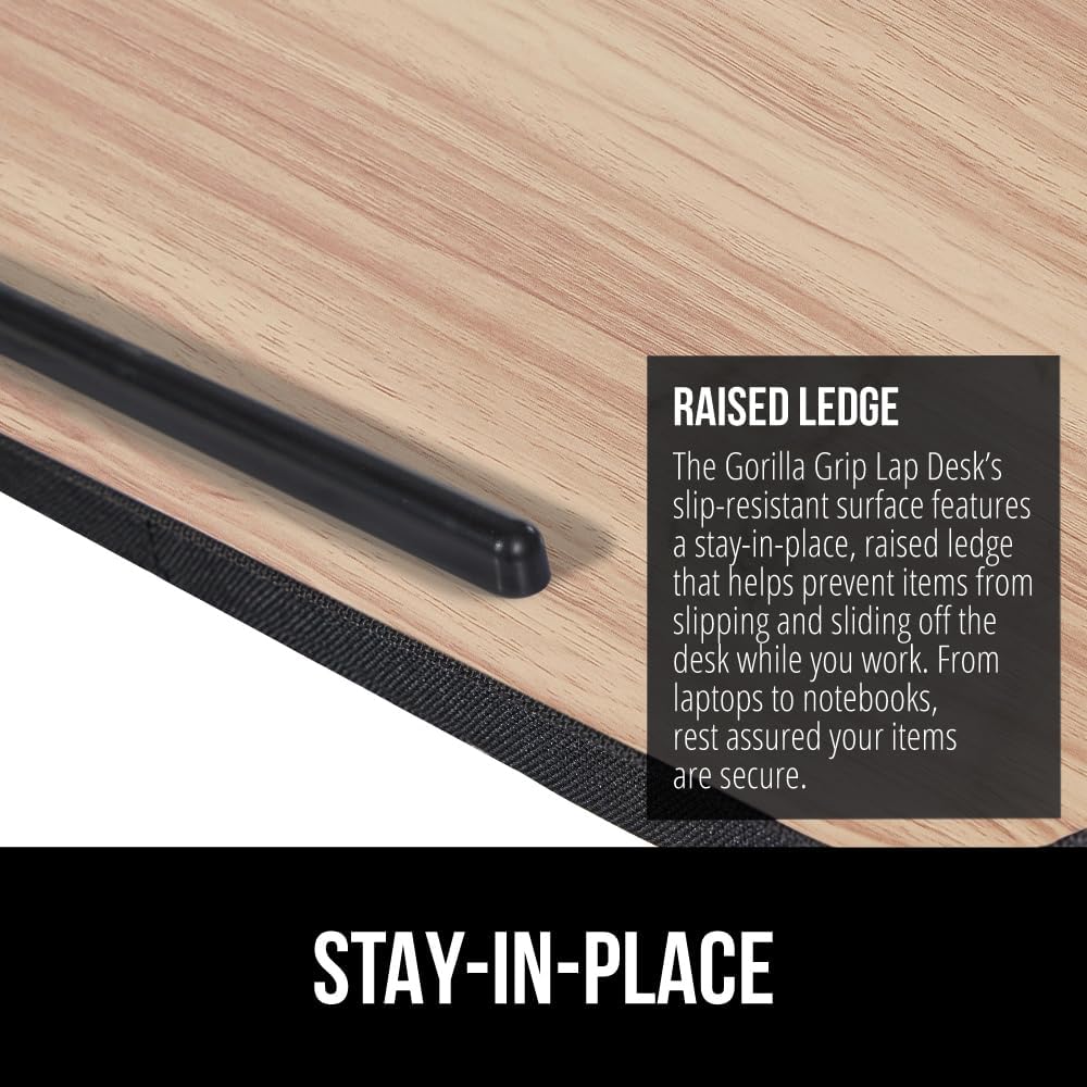GORILLA GRIP Laptop Lap Desk with Phone Holder, Pillow Cushion Desks Fit Laptops up to 15.6", Tray Ledge Keep Computers in Place, Portable Travel Workstation Essentials for Home, Light Wood Color