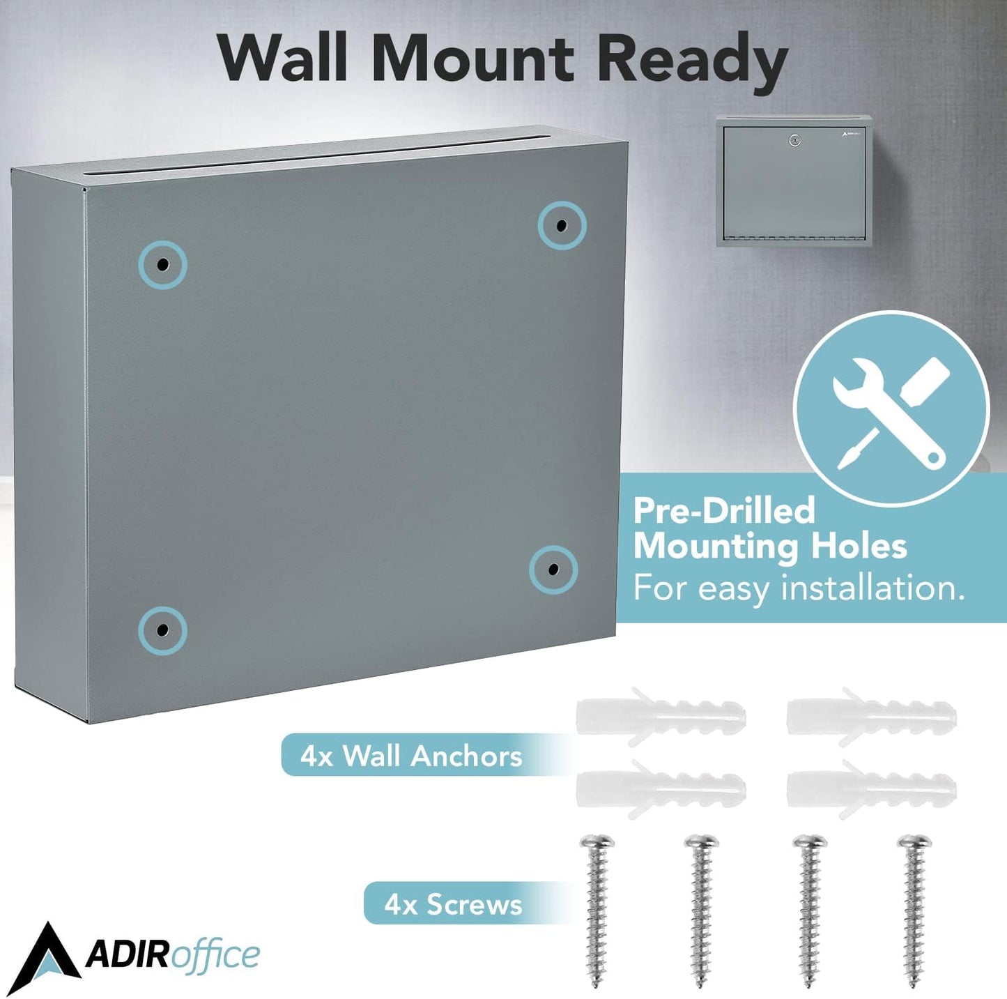 Adir Metal Suggestion Box with Lock and Slot, Wall Mount Deposit Box for Payments and Checks, Office Mail Box for Employees, Mailbox for House, Safe Drop Box with Keys - 3x10x12 Inch Gray