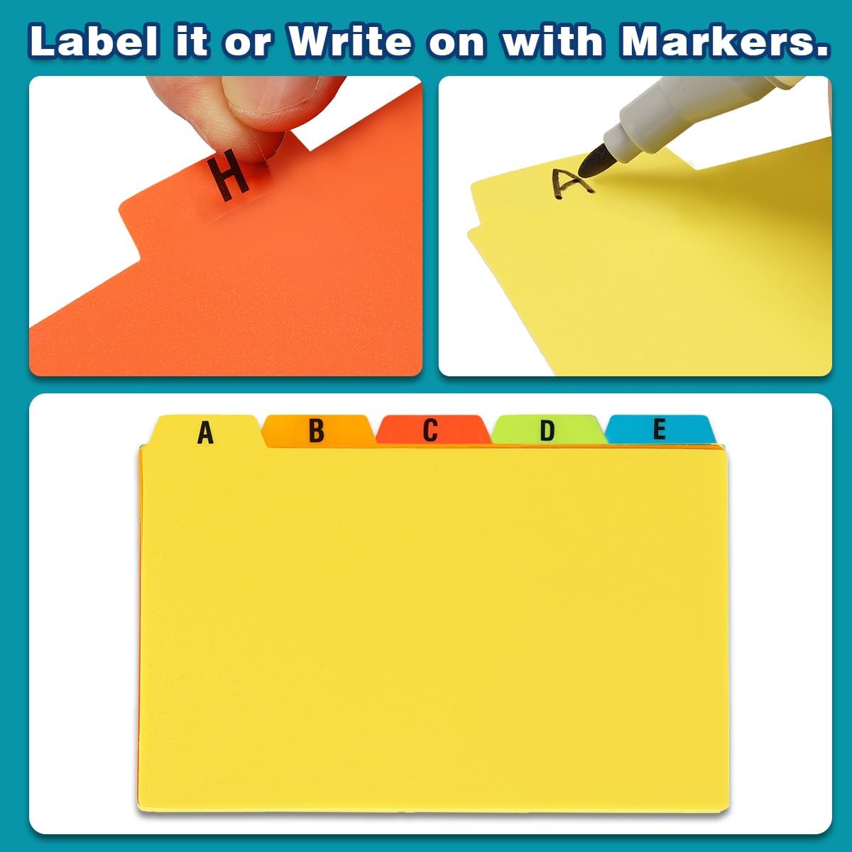 Chell 5x8 Plastic Index Card Dividers, Heavyweight Poly Index Card Guides A-Z for Flash Cards and Recipe Cards, with Alphabetical/Blank Stickers, Pack of 50