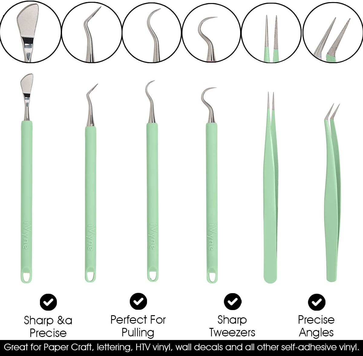 iVyne (8pcs) Berry Essentials Silicone Vinyl Weeding Tool Kit Soft Grip Weeding Tools for Vinyl with Weeder, Tweezers, Picker, Scissors and Scraper Set for Silhouette Cameos and Cricut Craft (Green)