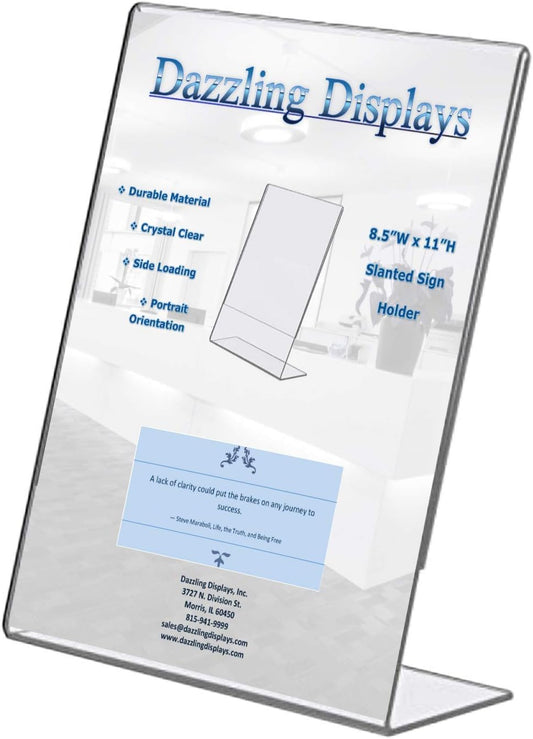 Dazzling Displays Clear Acrylic Slanted Sign Holder 8.5 x 11 - Clear Slanted Picture Frame - Premium Acrylic Sign Holder for Office, Retail, Tradeshow and Home Use (50-Pack)