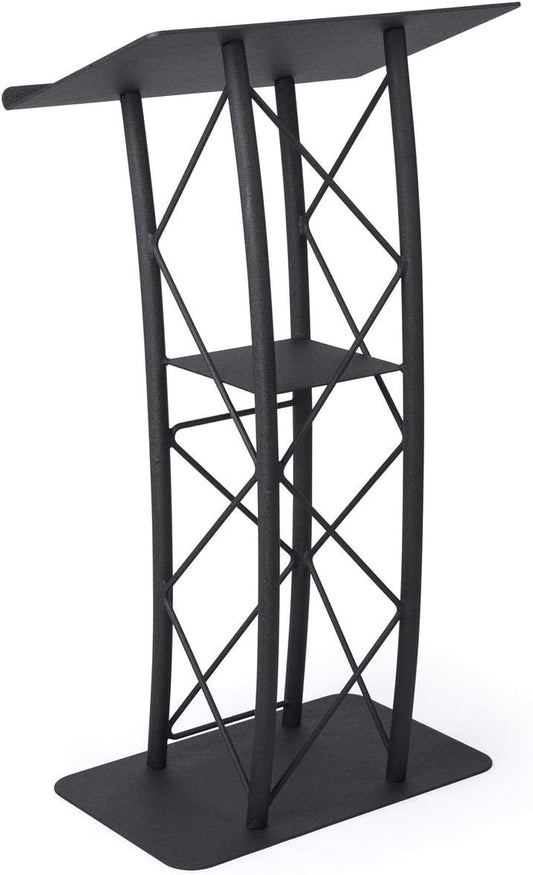 Displays2go Black Aluminum and Steel Truss Lectern with Curved Design and Built-in Shelf, 47-Inch Tall, Textured Finish (LCTTACBK)
