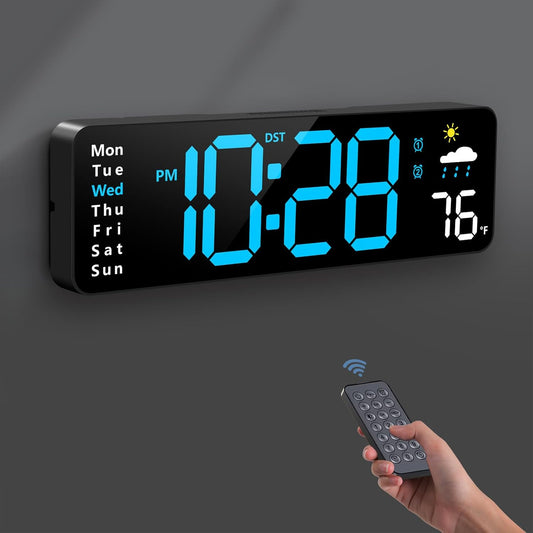 Digital Wall Clock, Digital Clock Large Display with Remote Control, Corded LED Alarm Clocks with Date, Week, Temp, Humidity, Auto DST, Countdown, for Living Room Bedroom Classroom Office (Blue)