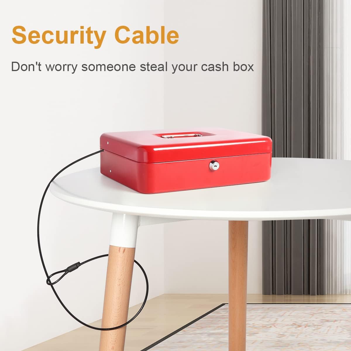 Jssmst Large Locking Cash Box with Money Tray, Lock Box with Security Cable Metal Money Box with Key Lock, Red