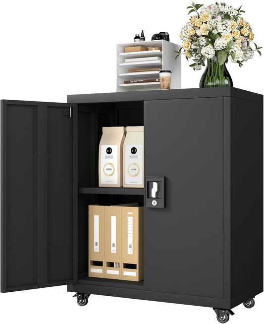 GREATMEET 31.5" H Lockable Storage Cabinet, Small Locking Cabinet with Doors and Adjustable Shelves, Metal Garage Storage Cabinets, Utility Cabinets for Office,Home,Garage,Classroom, Black