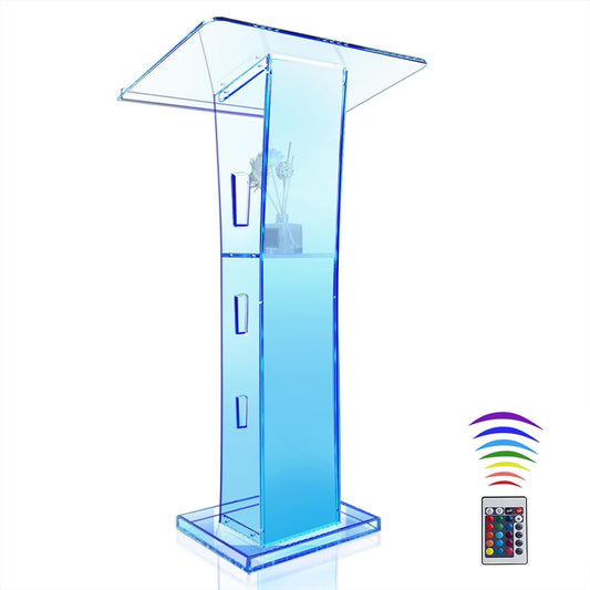 Acrylic Podium Stand, Ultra Clear 43'' Pulpits for Churches with 15 Color Adjustable, Modern Lectern with Storage Sheld for Church,Conference,Speech,Classroom, 23.62”x 15.75”X 43.3”