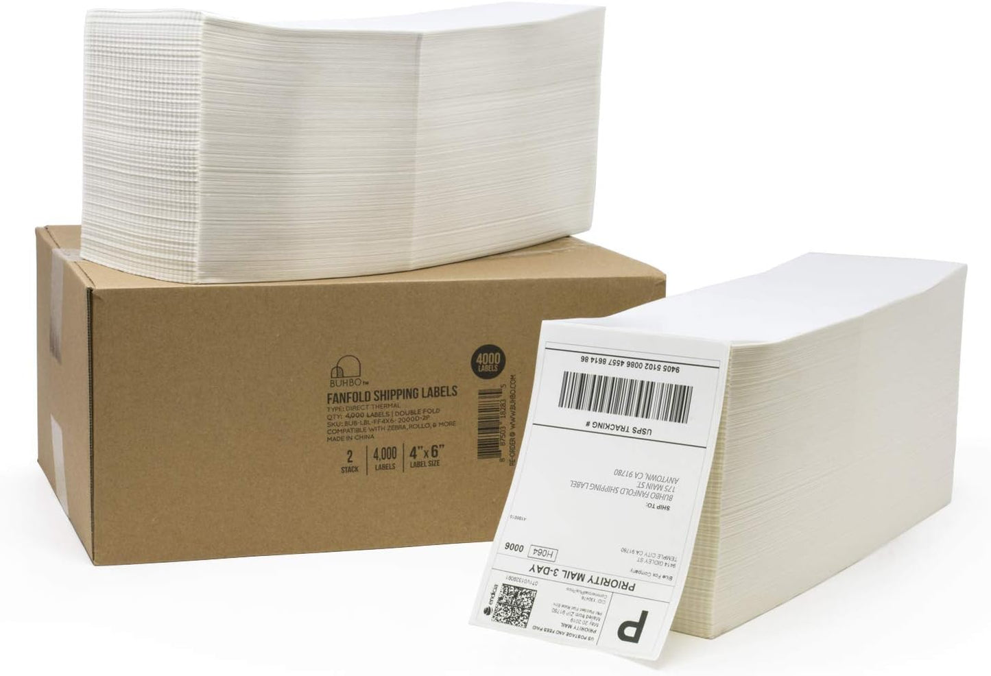 Buhbo 4" x 6" Direct Thermal Labels - Perforated BPA Free - Compatible with Zebra & Rollo Printer - Commercial Grade Shipping (4000 Fanfold Labels - 2 Stacks of 2000)