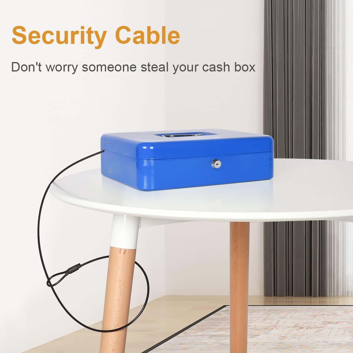 Jssmst Large Locking Cash Box with Money Tray, Lock Box with Security Cable Metal Money Box with Key Lock, Blue