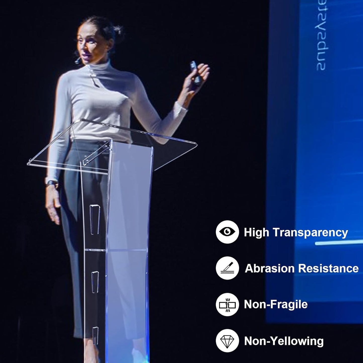 Acrylic Podium Stand, Ultra Clear 43'' Pulpits for Churches with 15 Color Adjustable, Modern Lectern with Storage Sheld for Church,Conference,Speech,Classroom, 23.62”x 15.75”X 43.3” (with Wheels)