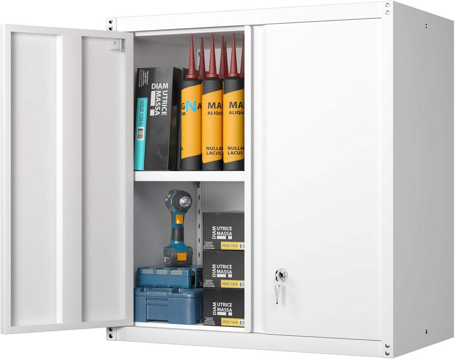 GREATMEET Locking Metal Wall Cabinet, Metal Wall Cabinets for Garage, Wall Mount Cabinet with Lock, Upper Cabinets Wall Mounted, Hanging Utility Cabinet with Adjustable Shelf