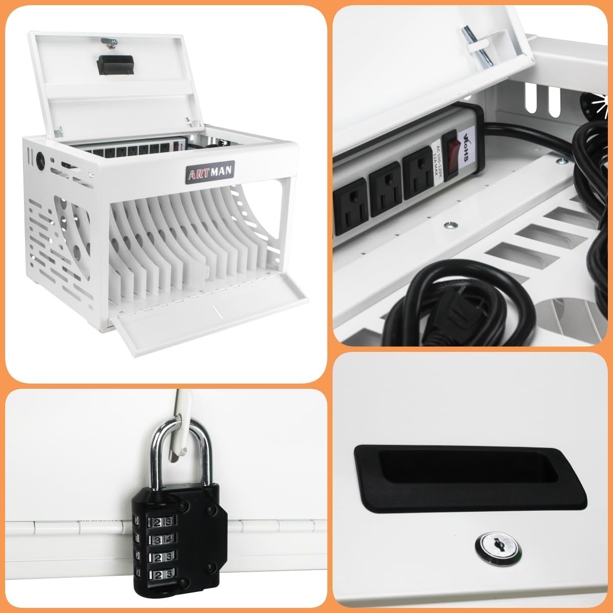 16 Device Charging Station for Laptops/Tablets/iPads/Chromebooks,16 Bay Wall-Mount Lockable Charging Cabinet with Cable Management & Power Organization,Fully Assembled Storage Cart (16 Bay-White)