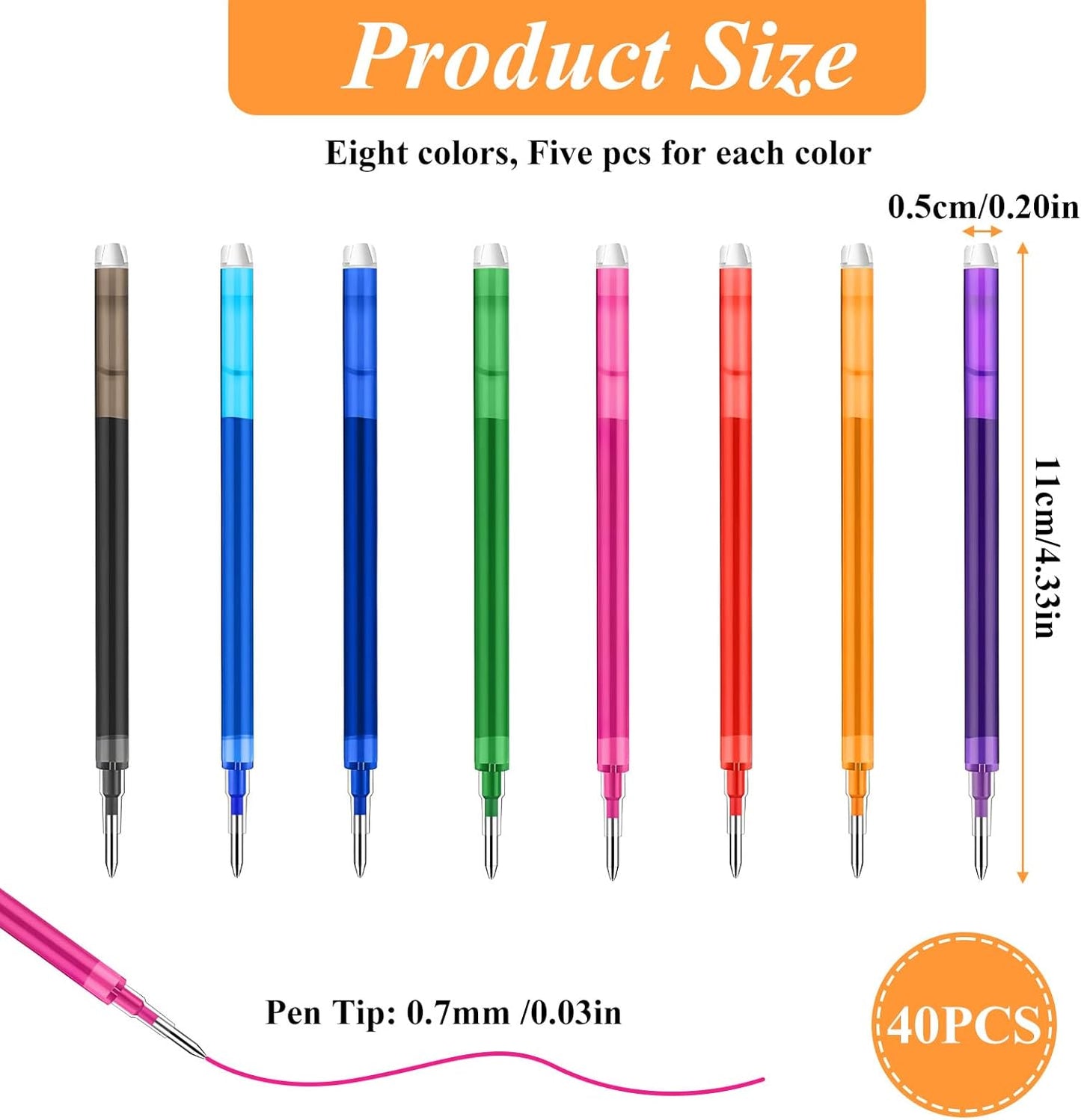 0.7 mm Erasable Gel Ink Pen Refills Compatible with Frixion Friction, Smooth Writing Multicolor Retractable Fine Point Pen Refill for School Office Home Art (8 Colors, 40)