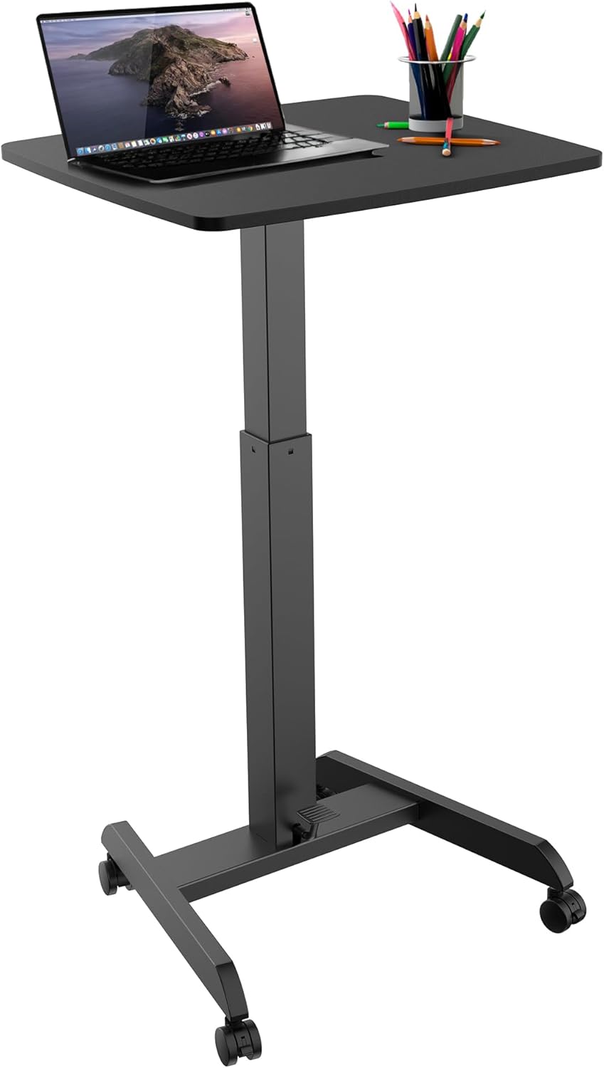 Mount-It! Rolling Laptop Desk Adjustable Height (29.6”-44.2”), Mobile Workstation Cart with 23.6” x 20.5” Desktop, Small Sit-Stand Desk for Home, Office, or Classroom in Black