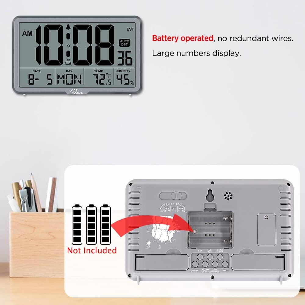 WallarGe Auto Set Digital Wall Clock Battery Operated, Desk Clocks with Temperature, Humidity and Date, Large Display Digital Calendar Alarm Clock for Elderly, Bedroom, Office, 8 Time Zone, Auto DST.