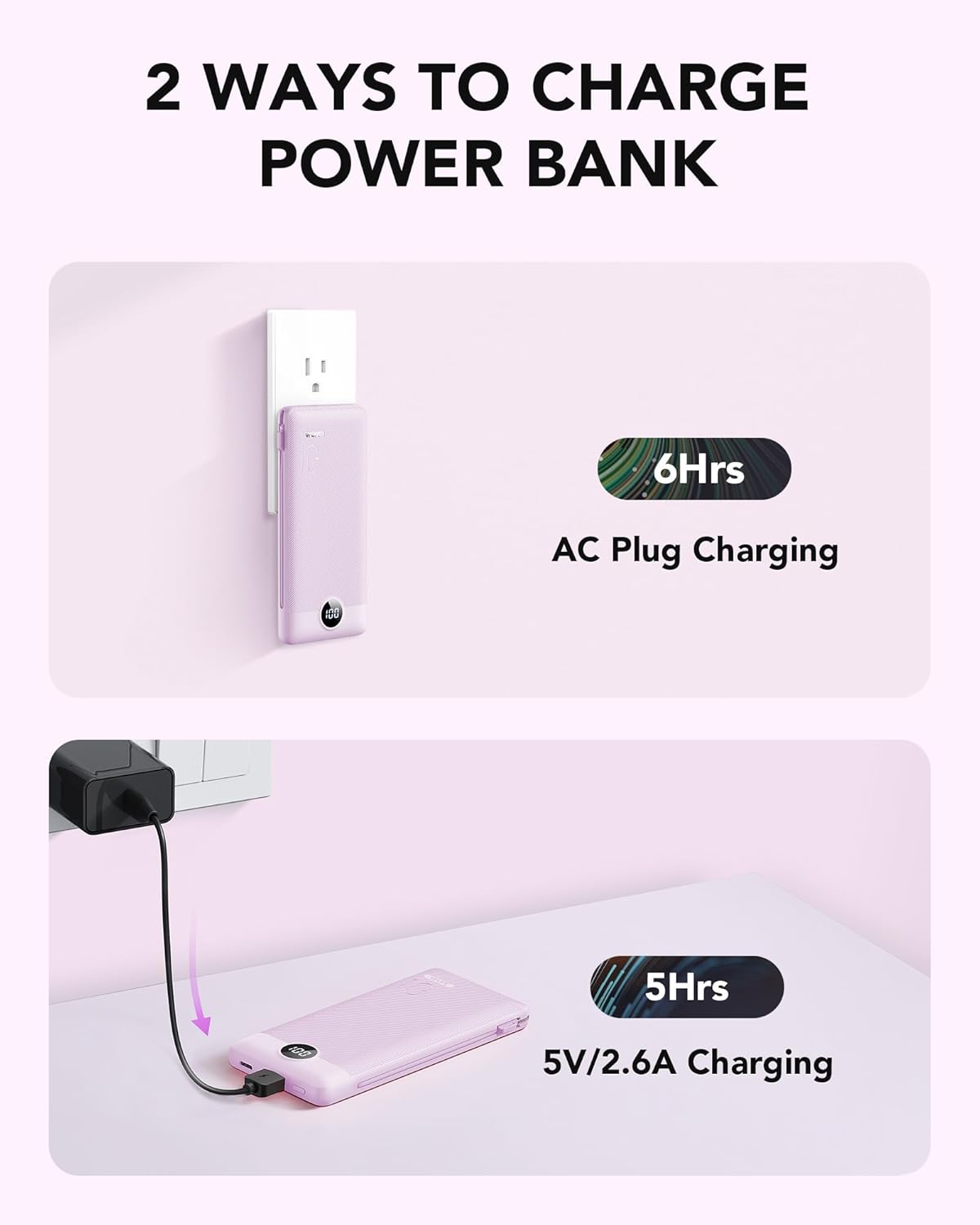 VRURC Portable Charger Built-in Cables and AC Wall Plug, USB C Power Bank 10000mAh, Travel Essentials Phone Charger Compact Lightweight External Battery Pack for Smart Phones, Tablets etc-Purple