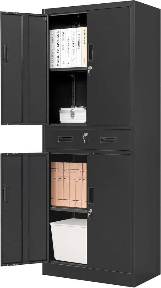 CMY Metal Storage Cabinet, 71" H x 28" W x 16" D Locking Storage Cabinet with Adjustable Shelves and One Drawer, Steel Cabinets for Office, Garage, Home, School, Utility Room(Black)