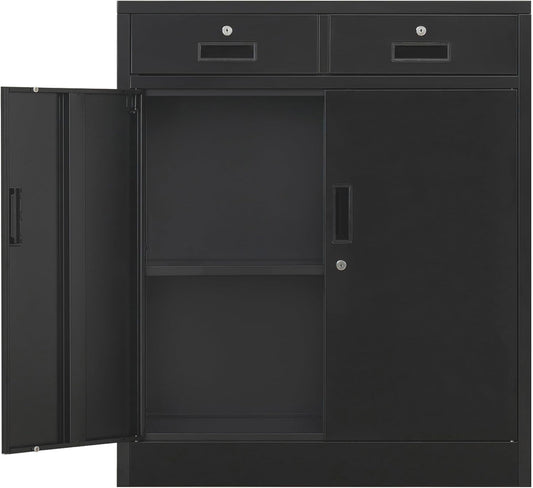 CMY Metal Storage Cabinet, Locking Storage Cabinet with Two Drawers, 36" H Steel Cabinets with Adjustable Shelf for Office, Garage, Home-Black