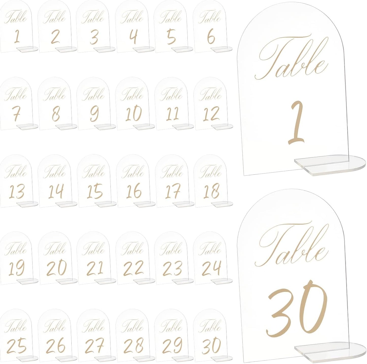 30 PCS Gold Table Numbers Holders 1-30 Clear Acrylic Table Numbers Holders Prominently Display for Wedding Reception Event Party Restaurant Centerpieces Decor 4 x 6 Inch