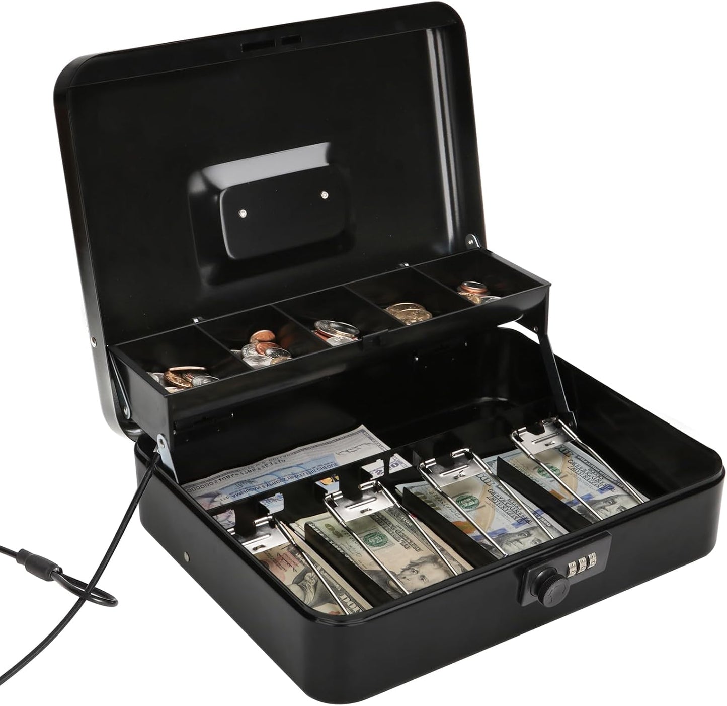 Jssmst Large Locking Cash Box with Money Tray, Metal Money Box with Combination Lock Cash Safe with Security Cable, Black, SM-CB02302XL
