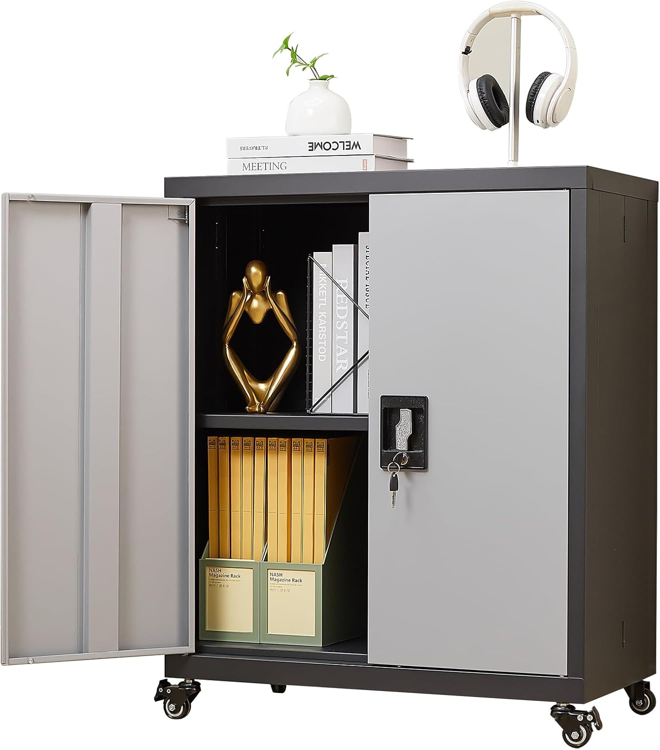 GREATMEET Metal Storage Cabinet with Locking Doors and Wheels,Garage Cabinet with Shelves for Home Office, Gym, School,Black+Grey