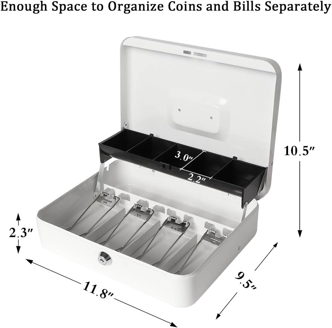Jssmst Large Locking Cash Box with Money Tray, Lock Box with Security Cable Metal Money Box with Key Lock, White