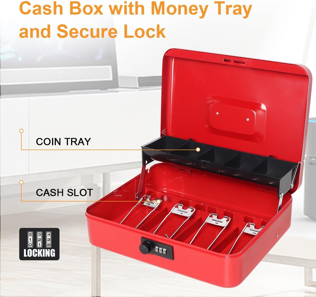 Jssmst Large Locking Cash Box with Money Tray, Metal Money Box with Combination Lock Cash Safe with Security Cable, Red
