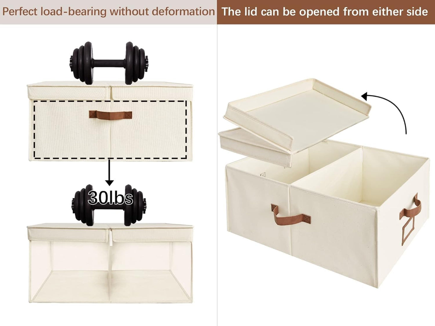 StorageWorks Extra Large Storage Bins with Double-Open Lid, 55L Fabric Baskets with Divider Board, Boxes for Clothes, Linen Closet Organizers with Handles, Ivory White, 2-Pack