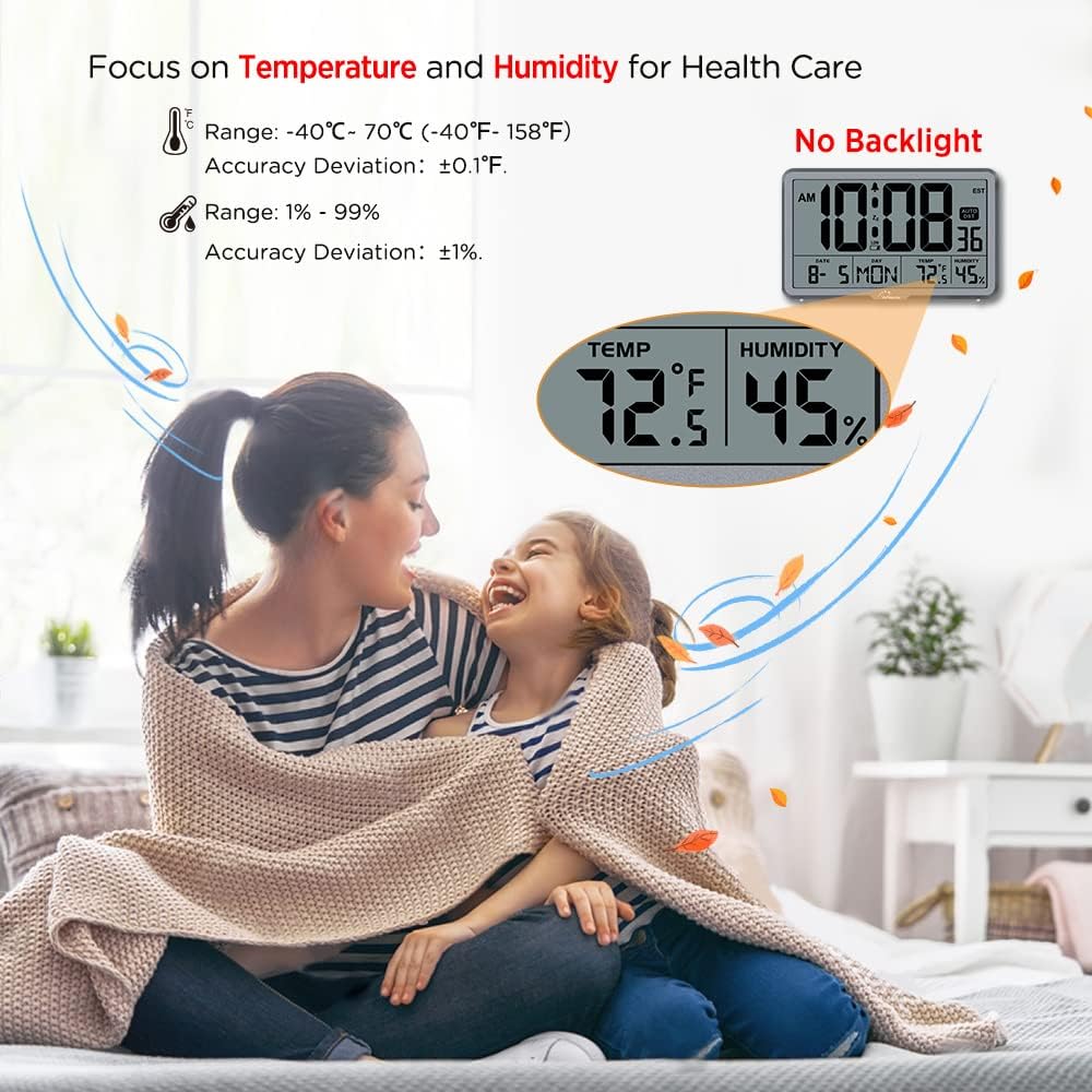 WallarGe Auto Set Digital Wall Clock Battery Operated, Desk Clocks with Temperature, Humidity and Date, Large Display Digital Calendar Alarm Clock for Elderly, Bedroom, Office, 8 Time Zone, Auto DST.