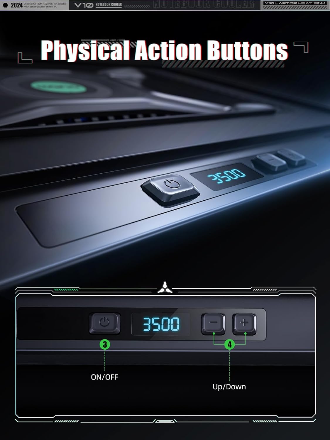 llano Laptop Cooler, Gaming Laptop Cooling Pad with 3500RPM Turbofan, 4.72 Inch External Fan Laptop Stand, Adjustable Variable Speed, Button Control, Seal Foam for Rapid Laptop13-17.3in, V10, Black