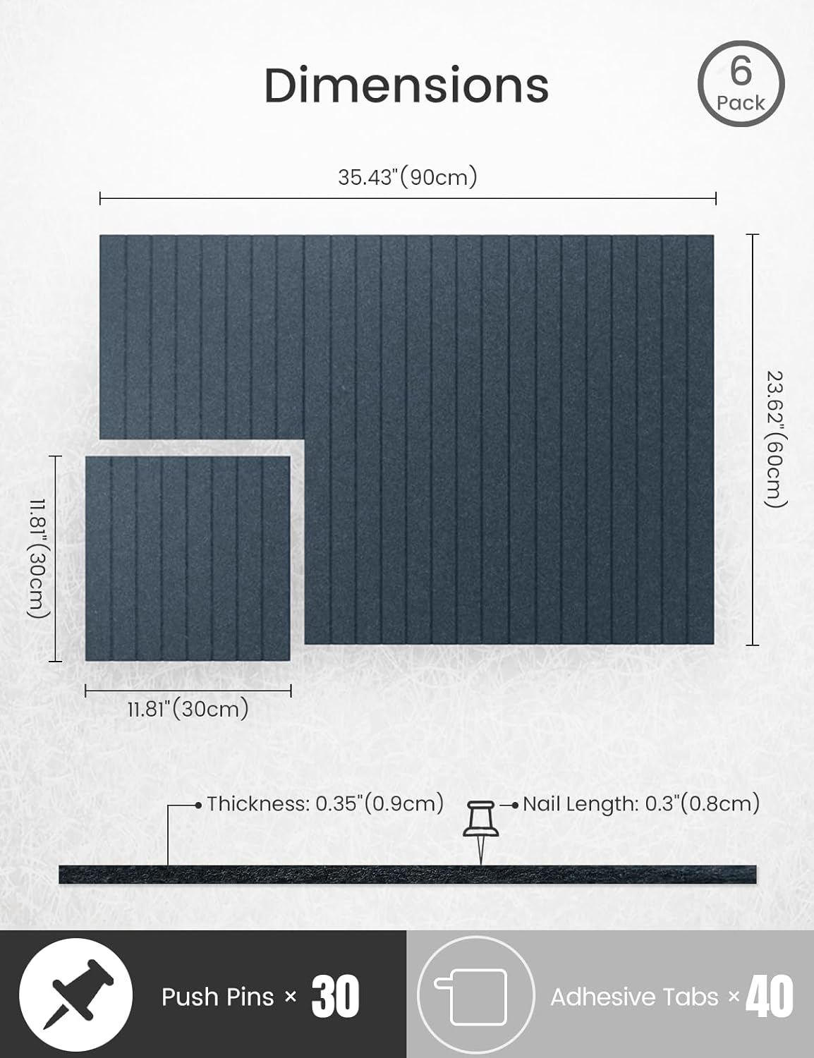 Bumusty Large Cork Board Alternative-36 x24 Felt Bulletin Board, with 30 Pushpins, 40 Adhesive Tabs, 6-Pack Slat Wall Paneling, Cork Boards for Office Push Pin Board Felt Board-Deep Charcoal Blue