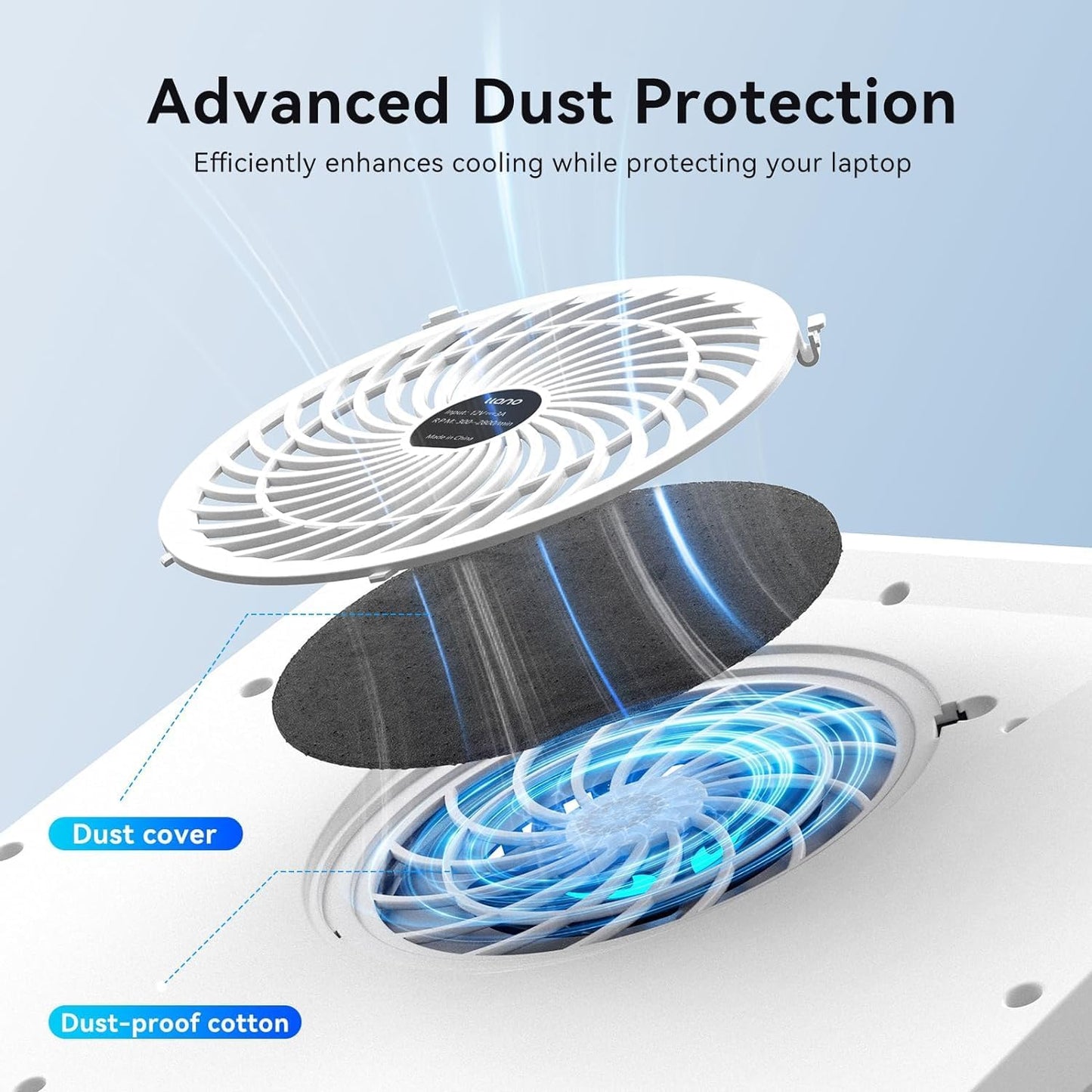 llano V12 Laptop Cooling Pad with 5.5" Turbofan – High-Speed Cooling for 15-19 Inch Gaming Laptops, Adjustable Speed & Touch Control, 3-Port USB Hub, with Mousepad, White (No RGB)