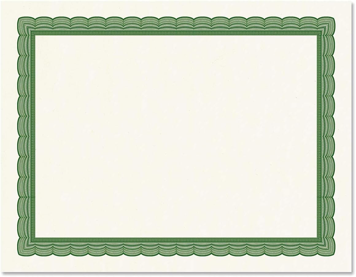 Executive Green & White Parchment Certificate Papers - Pack of 100, Laser & Inkjet Printer Compatible, For Office, Business Awards, Graduation, School Diplomas, 8-1/2" x 11" on 60 lb. Text Stock