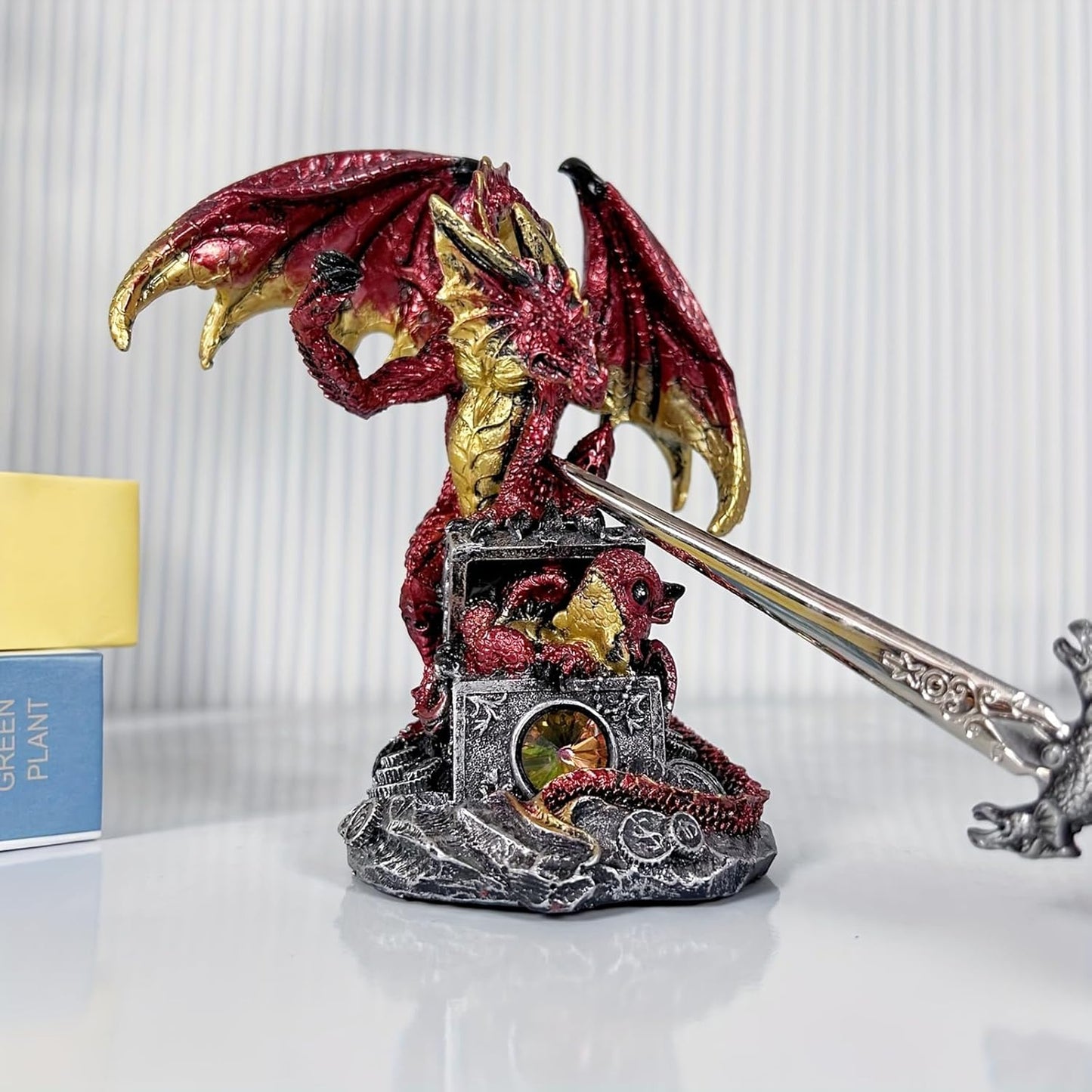 Dragon with Sword Collectible Statue Fantasy Figurine Resin Medieval Dungeons Creative Ornaments for Home,Shelf,Living Room Decor 7.68 Inches (Red)