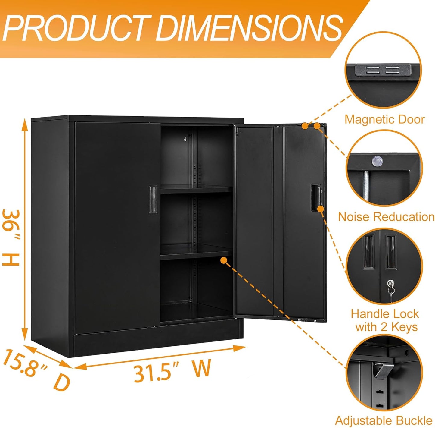 BESFUR Metal Storage Cabinet 36" H, Black Steel Locking Cabinet with 2 Lockable Doors and 2 Adjustable Shelves for Home Office, Garage, School, Apartment, Warehouse