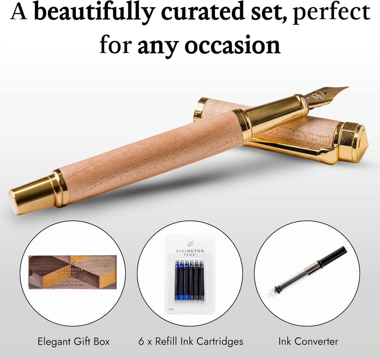 Elegant Wood Fountain Pen Set – Includes Wooden Pen Box, Ink Converter, 6 Ink Cartridges, and Gift Box – Writing, Calligraphy