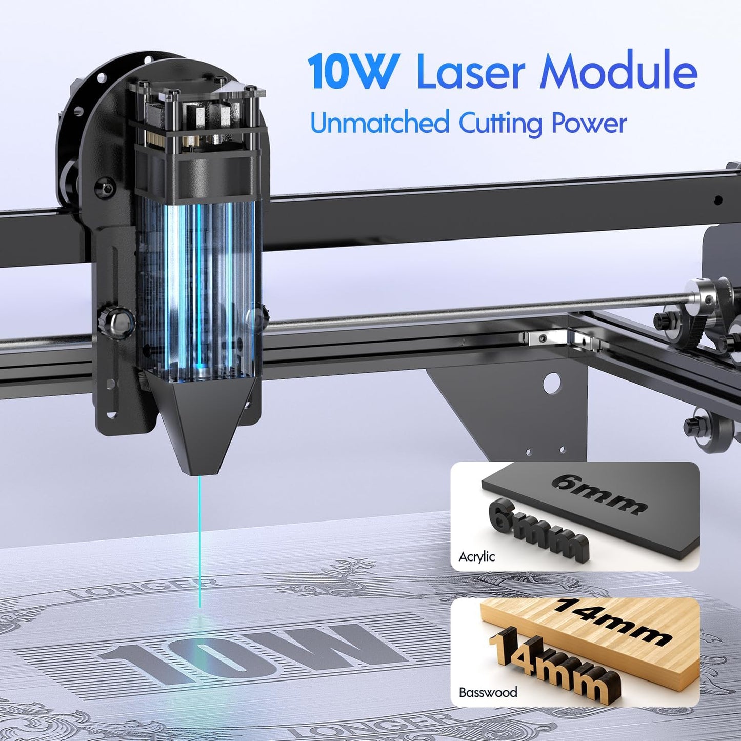 Longer RAY5 10000mW Laser Engraver with Air Assist Kit, Rotary Roller, and 8 Pcs Raiser, Compressed Spot CNC, App Offline Control, DIY Engraving Tool for Metal/Glass/Wood, Class 4.