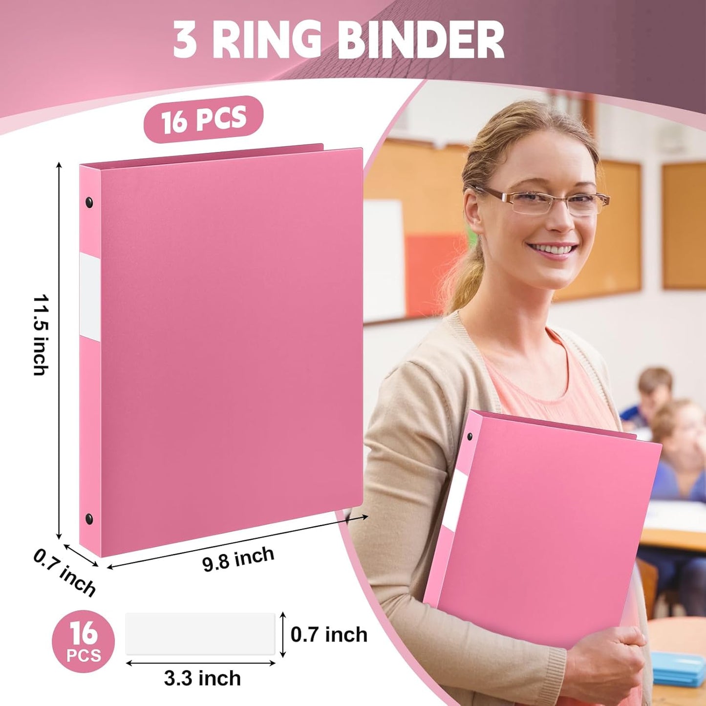 Henoyso 16 Pcs 3 Ring Binder 1/2'' Round Fits Letter Size 8. 5'' x 11'' Paper Plastic Flexible Binder Holds 100 Sheets with 1 Pockets Versatile Organizer for Office Home School (Pink)
