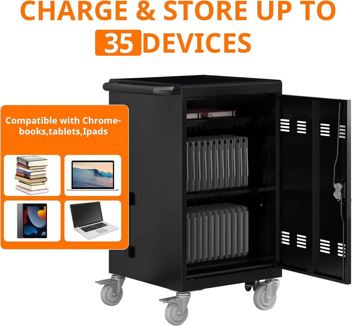 32 Device Mobile Charging Cart, Chromebooks and Laptop Computers, Locking Charging Station with Lock & Key