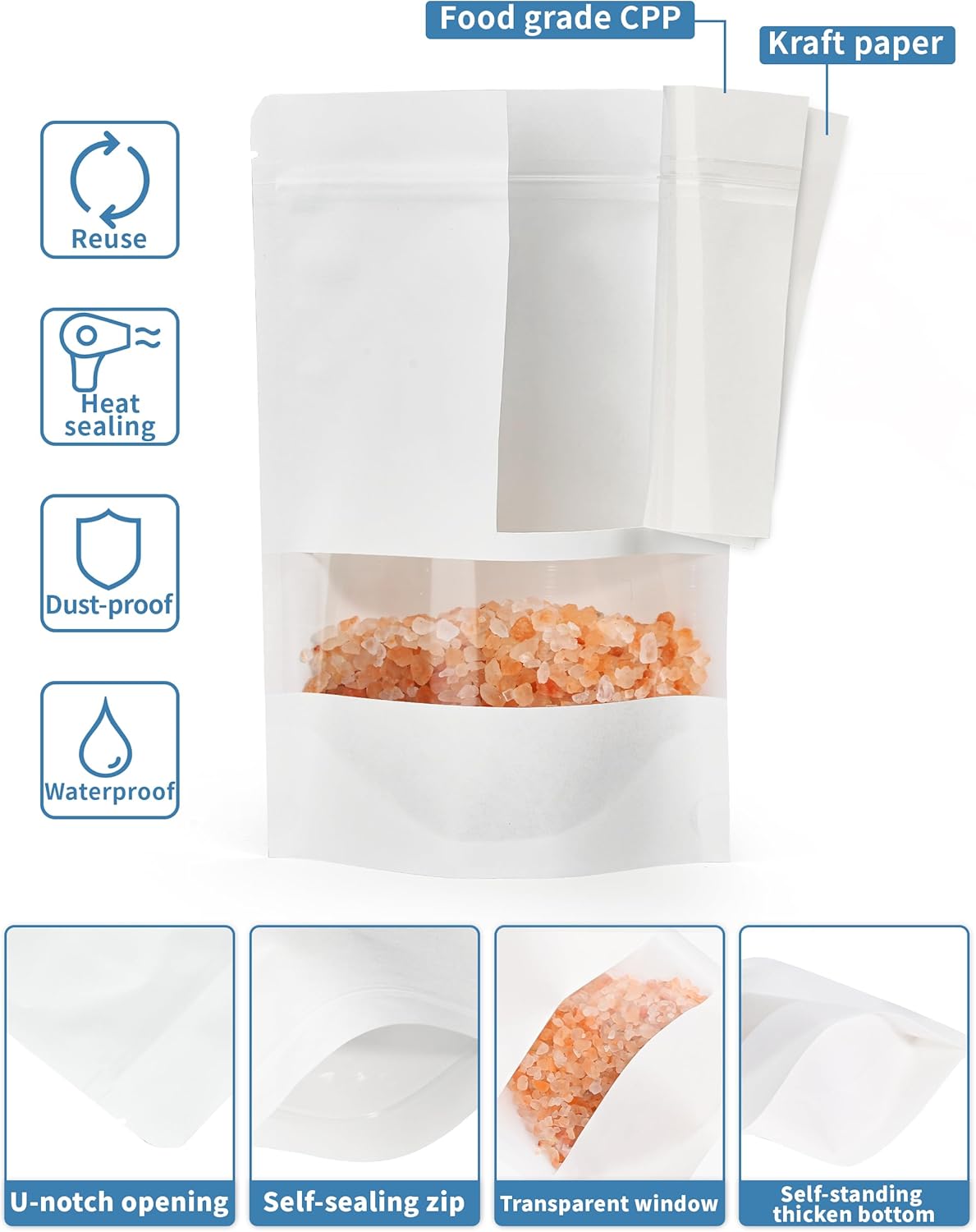 100 Pcs White Paper Bags with Window, 6.7" x 9.4" Stand Up Pouches, Zipper Food Storage Bags for Packaging Products, Reusable, Sealable