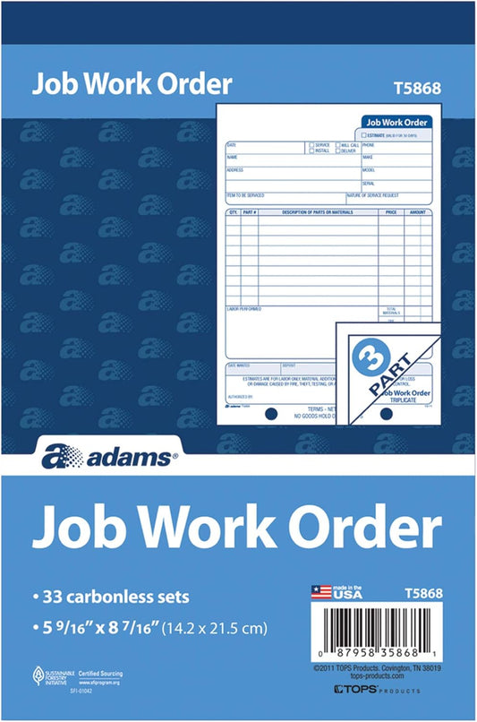 Adams Job Work Order Book, 3-Part Carbonless, White/Canary/White, 5-9/16 x 8-7/16 Inches, 33 Sets (T5868)