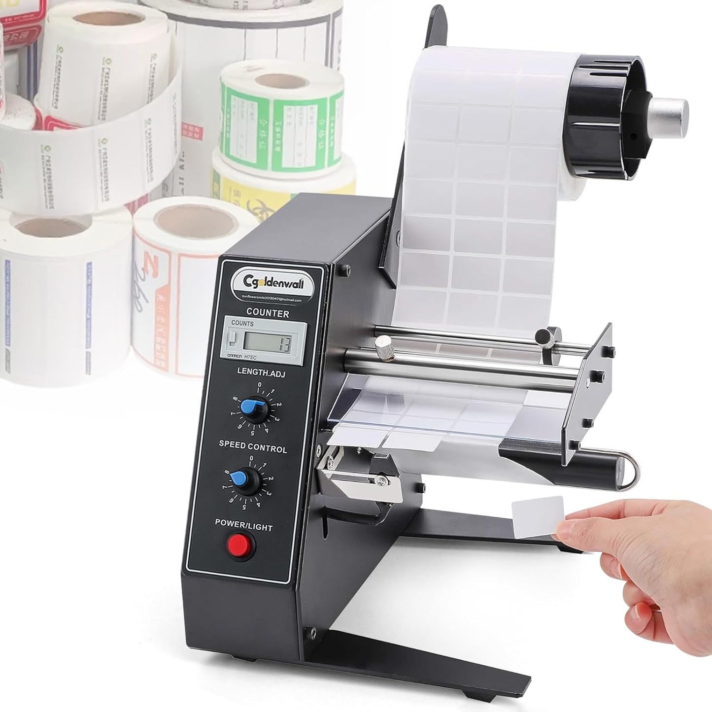 CGOLDENWALL Automatic Label Dispenser Sticker Roll Dispenser for Logistics Office Home, 1-8m/min Speed Adjustable, Length 0.12-5.9" Width 0.16-5.5", Auto Sensing&Counting, Max Roll Dia. 9.8"