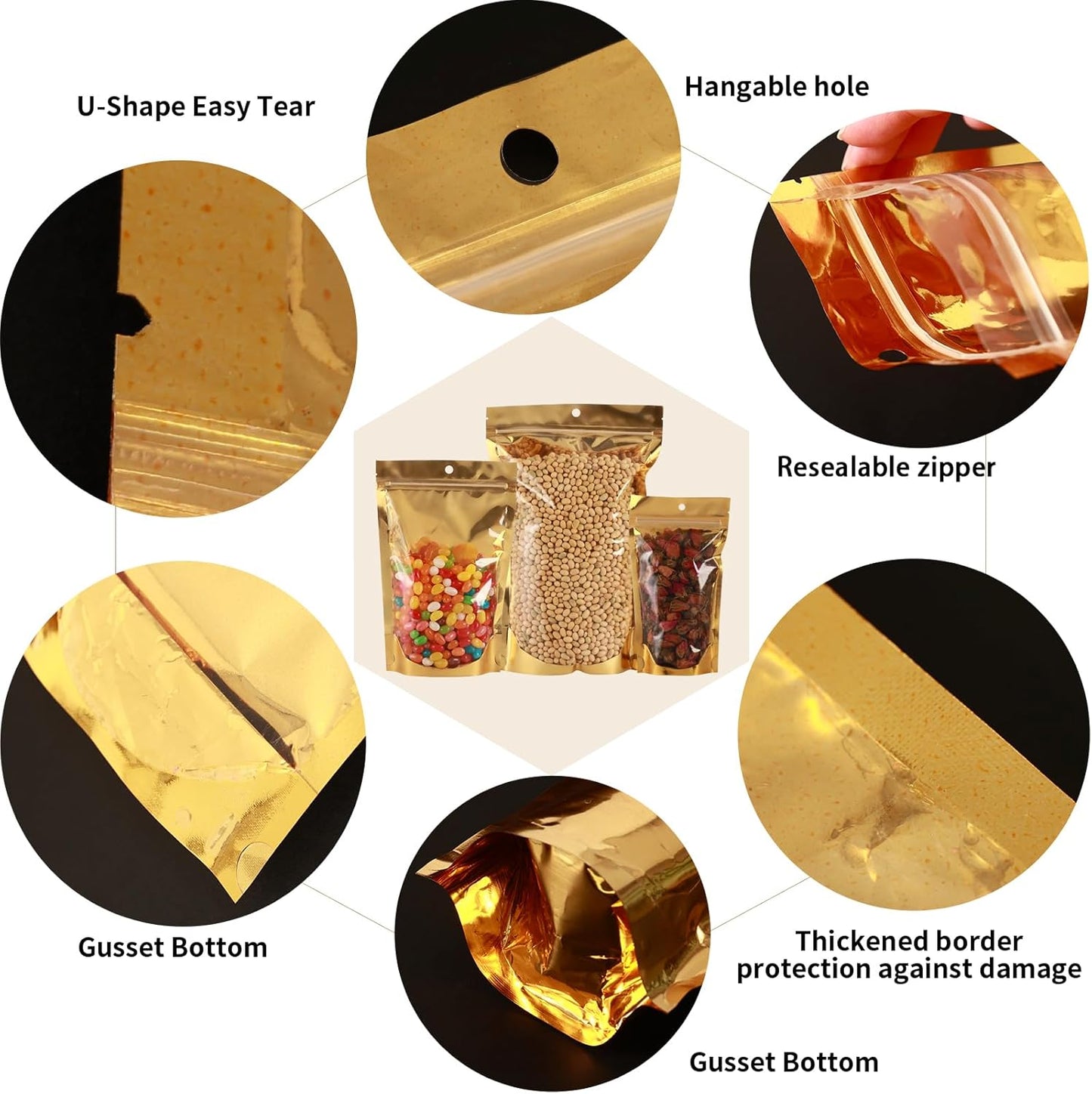 300 Pcs Mylar Bags for Food Storage 4x6 Mylar Bag with Window Stand Up Small Resealable Bags Smell Proof Bag Food Packaging for Small Business Freeze Dried Candy Jewelry Foil Packaging Gold