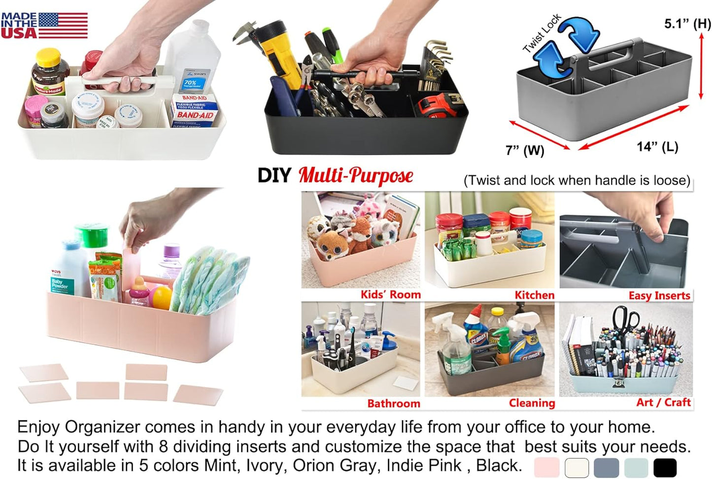 -Large Portable Caddy, DIY Dividers, 8 Compartments, Bathroom Organizer,Portable Basket with Handle Storage Organizer Modern Made in USA (3 PACK, Ivory)