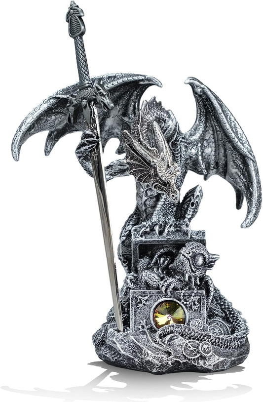 Fantasy Dragon Statue with Draconian Sword Letter Opener Figurine Collectible Dragon Sculpture Resin Home Decor Gifts 7.68''H (Silver)