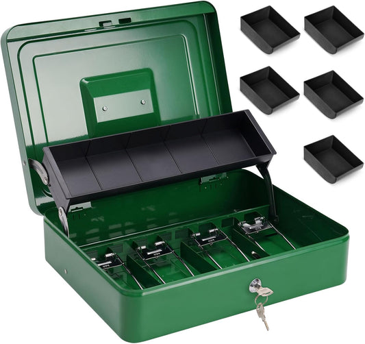 Cash Box Metal Money Box with Tray & Key Lock,Tiered Locking Cash Boxes,Durable Lock Safe Box with Key,4 Bill / 5 Coin Slots,Large 11.8L x 9.5W x 3.5H Inches (Key, Dark Green)