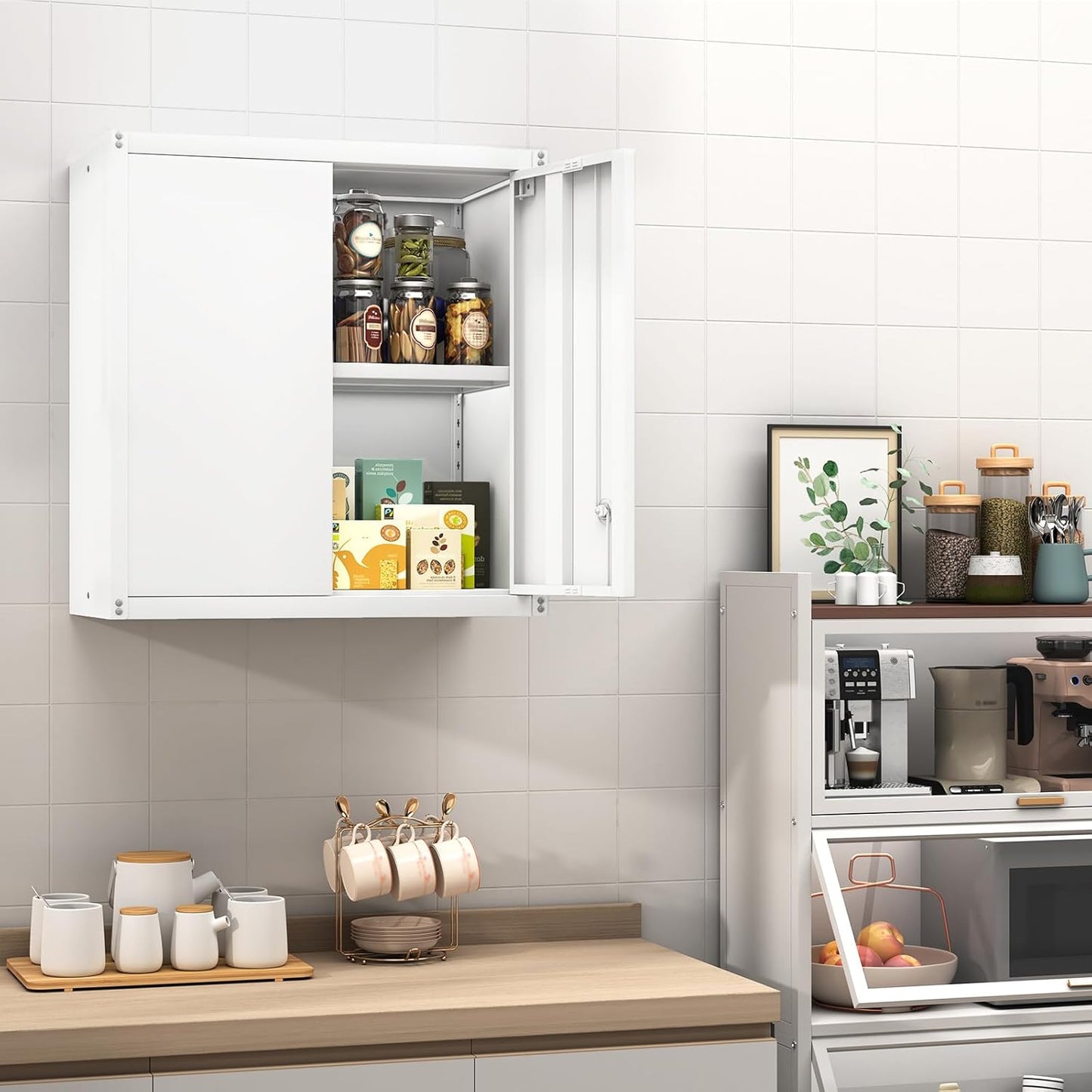 GREATMEET Locking Metal Wall Cabinet, Metal Wall Cabinets for Garage, Wall Mount Cabinet with Lock, Upper Cabinets Wall Mounted, Hanging Utility Cabinet with Adjustable Shelf