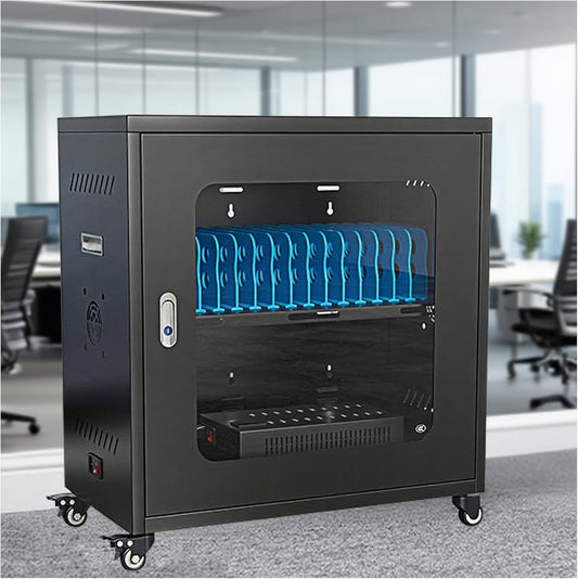 Cell Phone Fully Assembled Charging Storage Cart with Lock, USB Charging Station 20 Device Mobile with Wheels, Glass Cabinet Door Rechargeable Tablet & Laptop Locker Cabinet, for ClassroomOffice