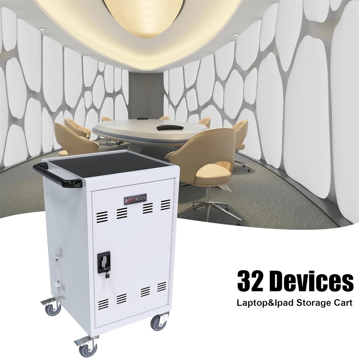 30-Device Mobile Charging Cart and Cabinet, Laptop Storage, Lockable Charging Station - Up to 16.3" Screen, White